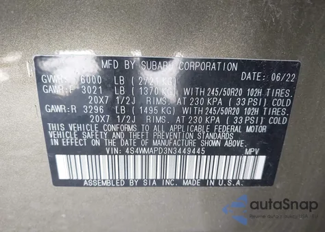 2022 Subaru Ascent Limited z USA, uszkodzony, nr VIN 4S4WMAPD3N3449445